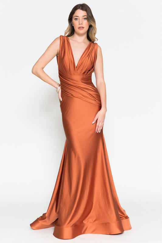 V-Neck Satin Mermaid Long Prom & Bridesmaid Dress AC370-1