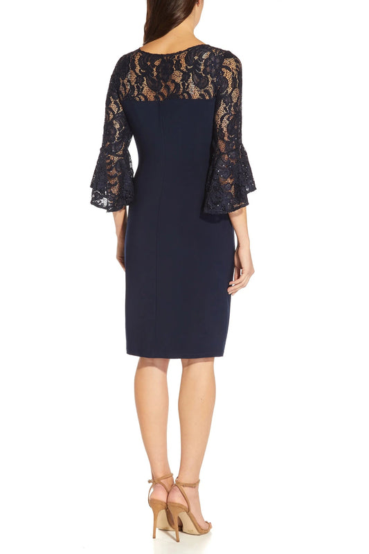 Adriana Papell Bateau Neck Sequin Lace & Jersey Sheath with Bell Sleeves Short Dress-1