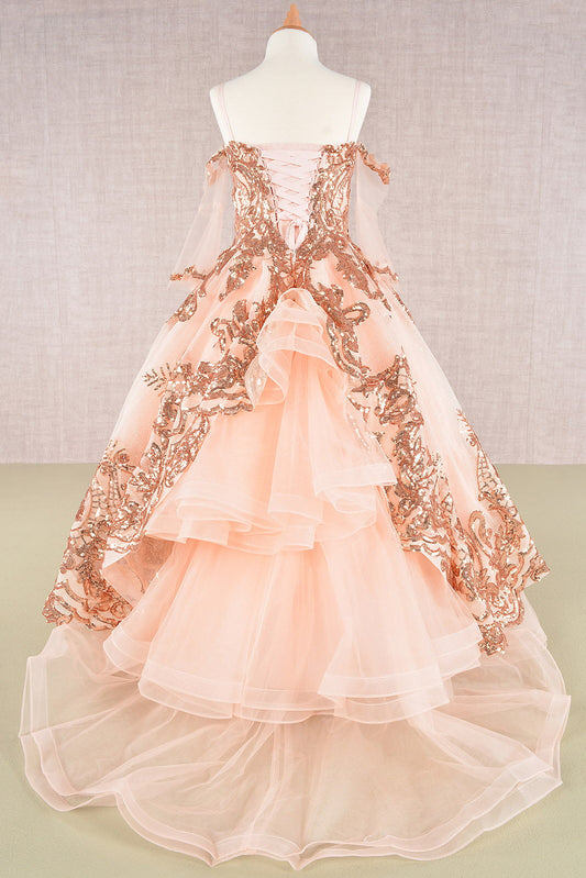 Glitter Sequin Embellished Mesh Kids Dress with Separate Mesh 3/4 Sleeves-1