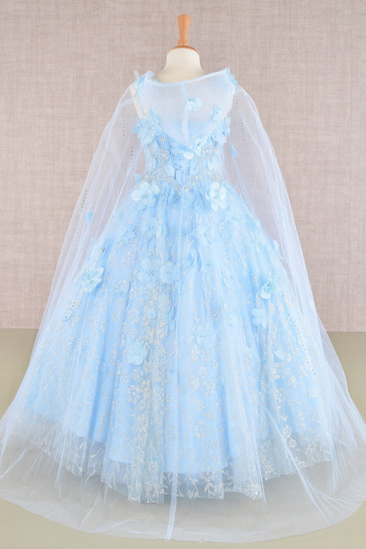 3D Flower Applique Jewel Mesh Kids Dress with Long Mesh Cloak-1