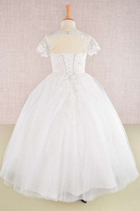 Floral Lace Embellished Bodice Short Sleeve Mesh Kids Dress with Cut-Out Back-1