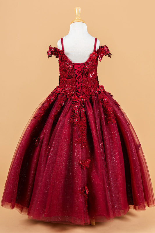 3D Flower and Butterfly Applique Cold Shoulder Embellished V-Neck Kids Dress-1