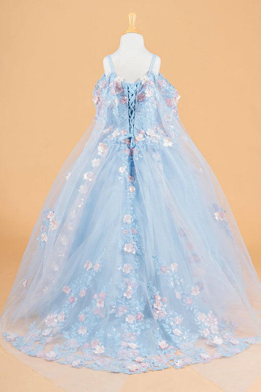 3D Flower Applique Embellished Kids Dress With Cold Shoulder Detachable Cape Sleeves-1