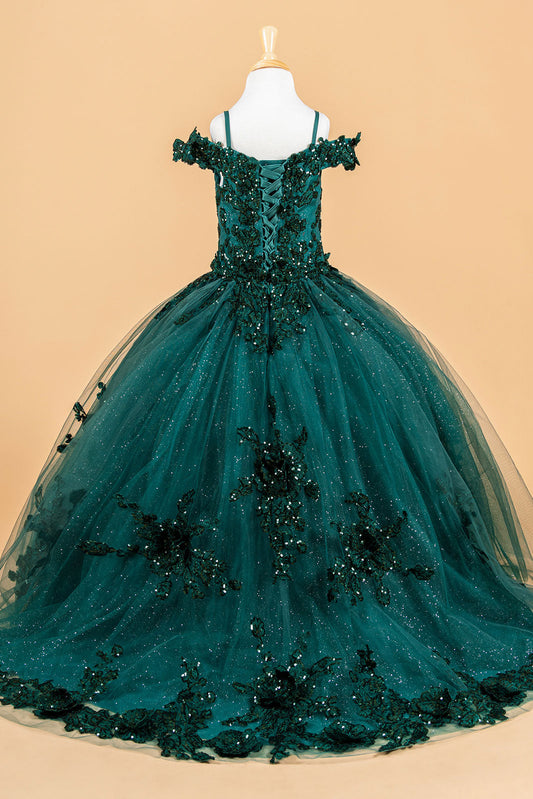 3D Flower Applique Embellished Boat Neckline Cold Shoulder Kids Dress-1