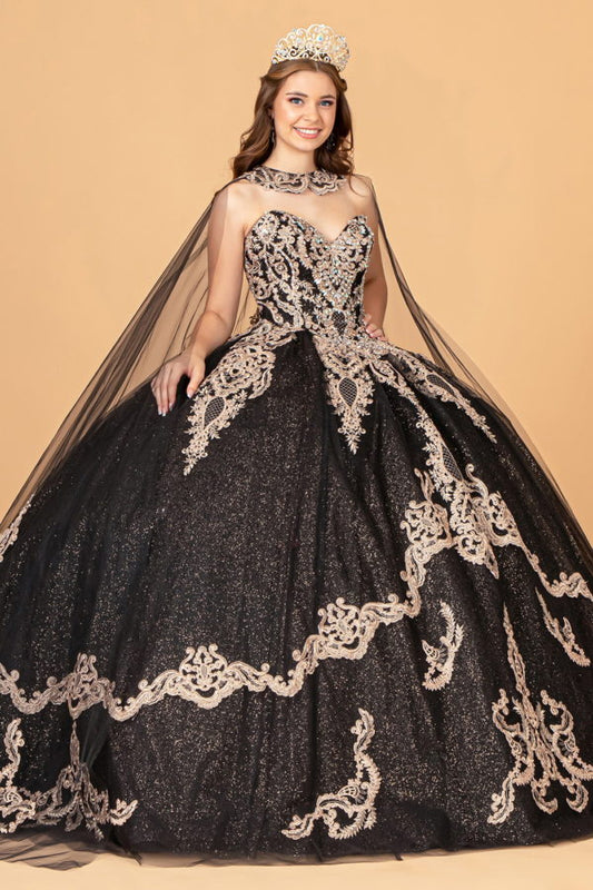 Glitter Jewel Embellished Quinceanera Gown w/ Long Mesh Cape-1