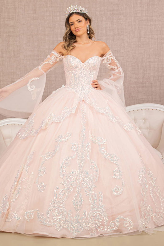 Glitter Layered Hem Quinceanera Gown w/ Long Mesh Sleeves-1