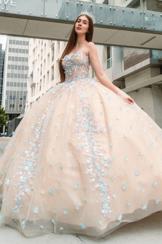 Beads Embellished Glitter Print Sweetheart Quinceanera Dress w/ detachable puff sleeve-1