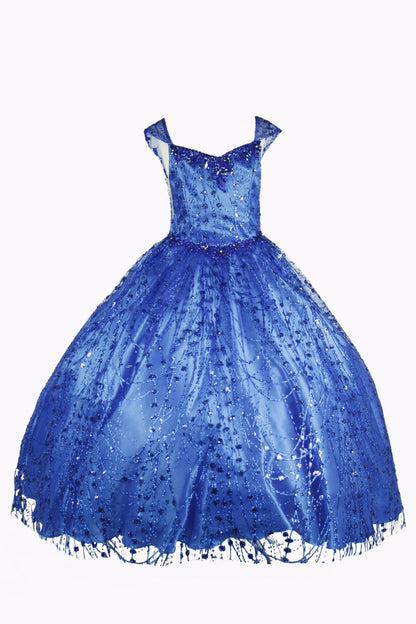 Metallic Glitter Sweetheart Spaghetti Corset Back Long Kids Dress CU8007-5