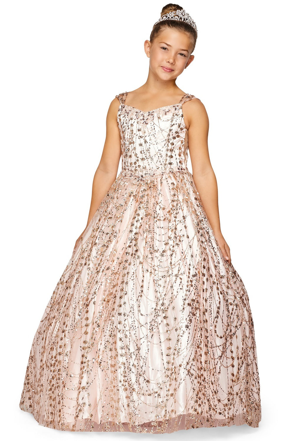 Metallic Glitter Sweetheart Spaghetti Corset Back Long Kids Dress CU8007-0