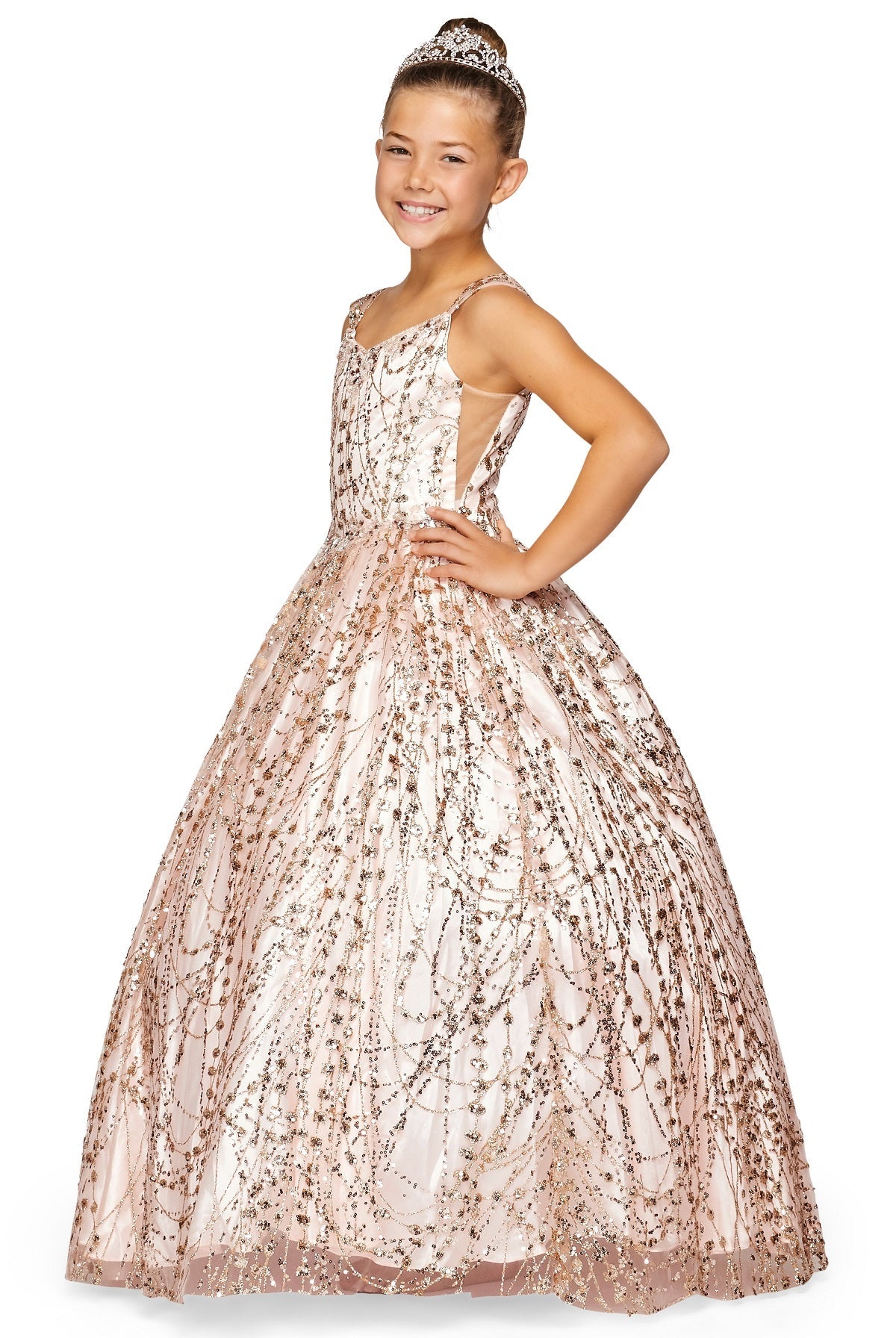 Metallic Glitter Sweetheart Spaghetti Corset Back Long Kids Dress CU8007-1