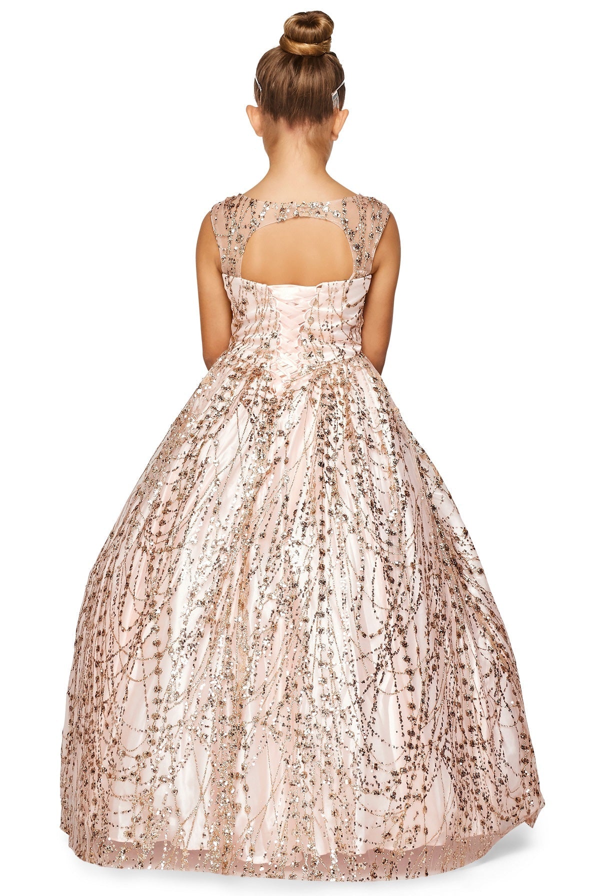 Metallic Glitter Sweetheart Spaghetti Corset Back Long Kids Dress CU8007-2