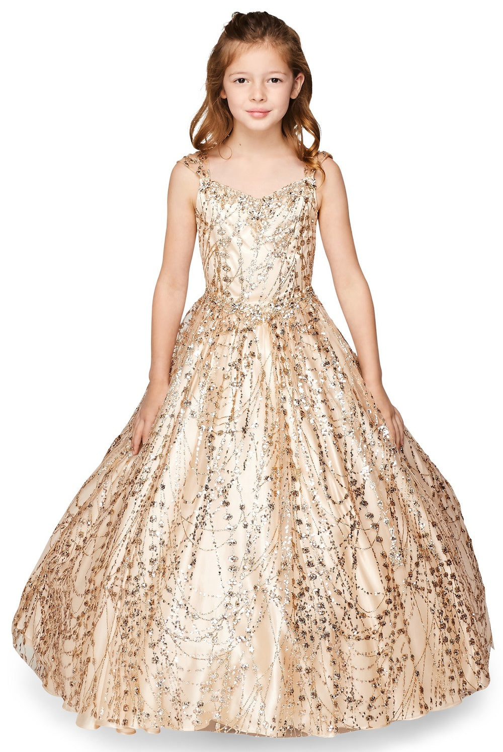 Metallic Glitter Sweetheart Spaghetti Corset Back Long Kids Dress CU8007-3