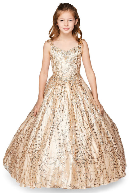 Metallic Glitter Sweetheart Spaghetti Corset Back Long Kids Dress CU8007-3