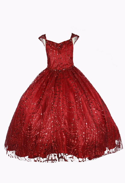 Metallic Glitter Sweetheart Spaghetti Corset Back Long Kids Dress CU8007-4