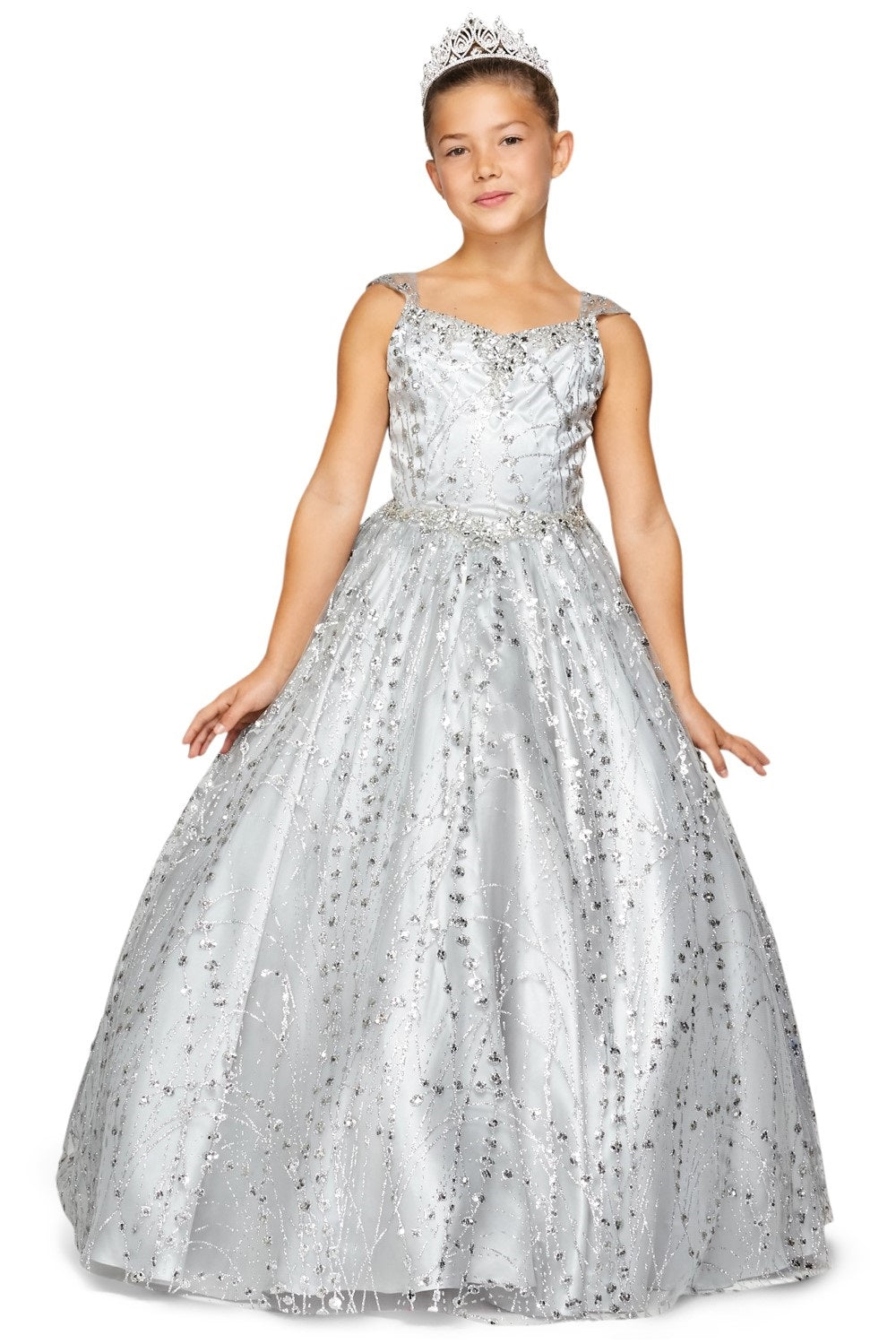 Metallic Glitter Sweetheart Spaghetti Corset Back Long Kids Dress CU8007-6