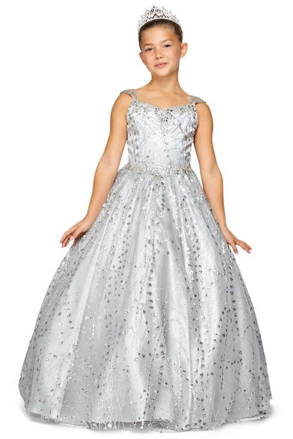 Metallic Glitter Sweetheart Spaghetti Corset Back Long Kids Dress CU8007-6