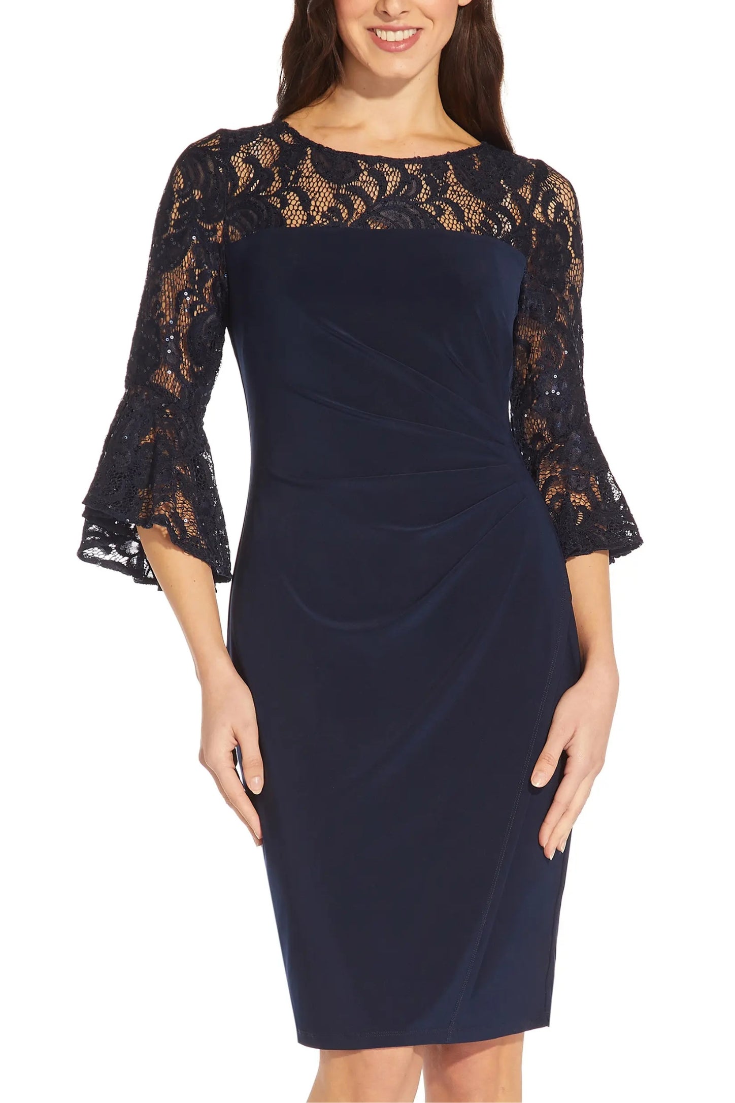 Adriana Papell Bateau Neck Sequin Lace & Jersey Sheath with Bell Sleeves Short Dress-2