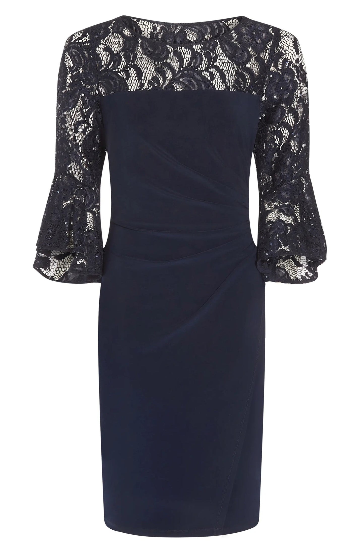 Adriana Papell Bateau Neck Sequin Lace & Jersey Sheath with Bell Sleeves Short Dress-4