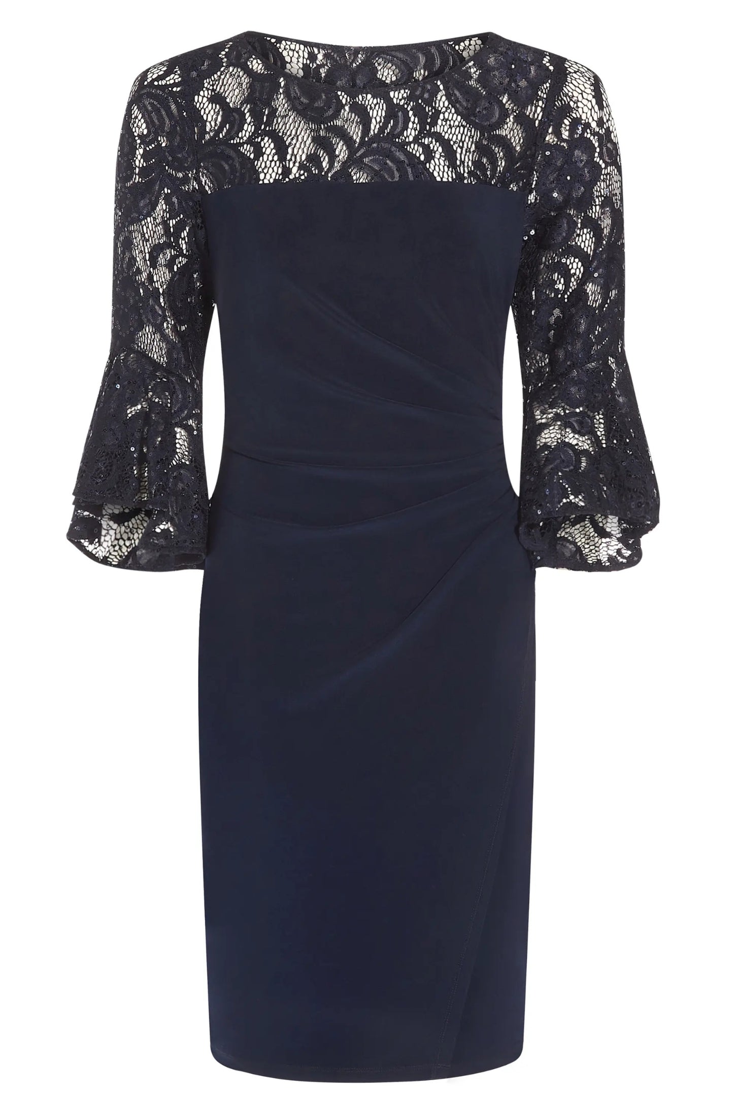 Adriana Papell Bateau Neck Sequin Lace & Jersey Sheath with Bell Sleeves Short Dress-4