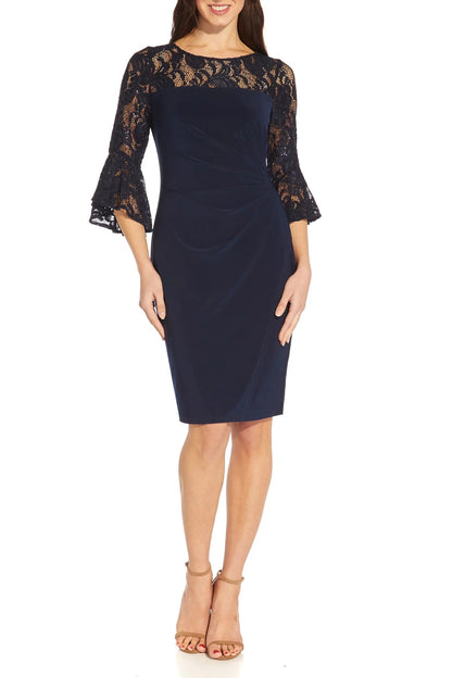 Adriana Papell Bateau Neck Sequin Lace & Jersey Sheath with Bell Sleeves Short Dress-0