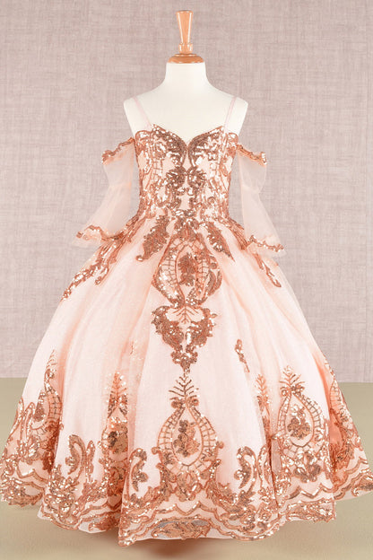 Glitter Sequin Embellished Mesh Kids Dress with Separate Mesh 3/4 Sleeves-0