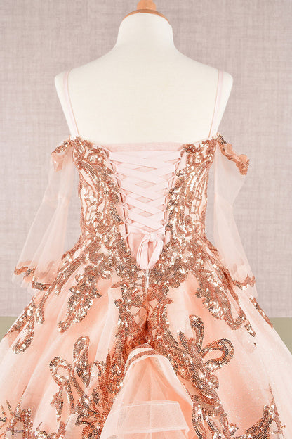Glitter Sequin Embellished Mesh Kids Dress with Separate Mesh 3/4 Sleeves-4