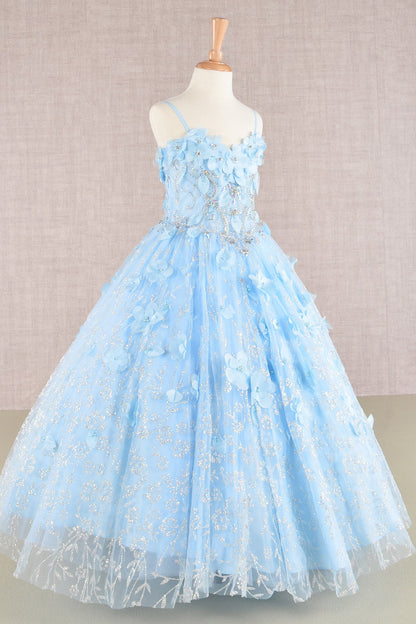 3D Flower Applique Jewel Mesh Kids Dress with Long Mesh Cloak-2