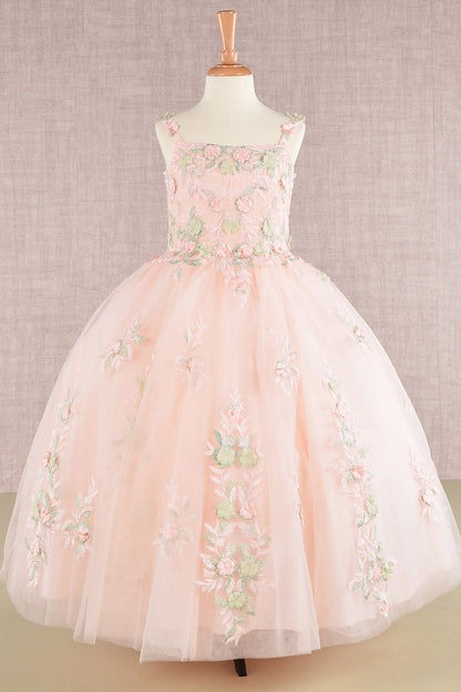 GK109 Floral Embroidery Embellished Ruched Bodice Mesh Kids Dress with Lace-up Back-0