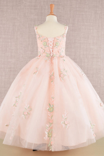 GK109 Floral Embroidery Embellished Ruched Bodice Mesh Kids Dress with Lace-up Back-1