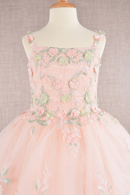 GK109 Floral Embroidery Embellished Ruched Bodice Mesh Kids Dress with Lace-up Back-2