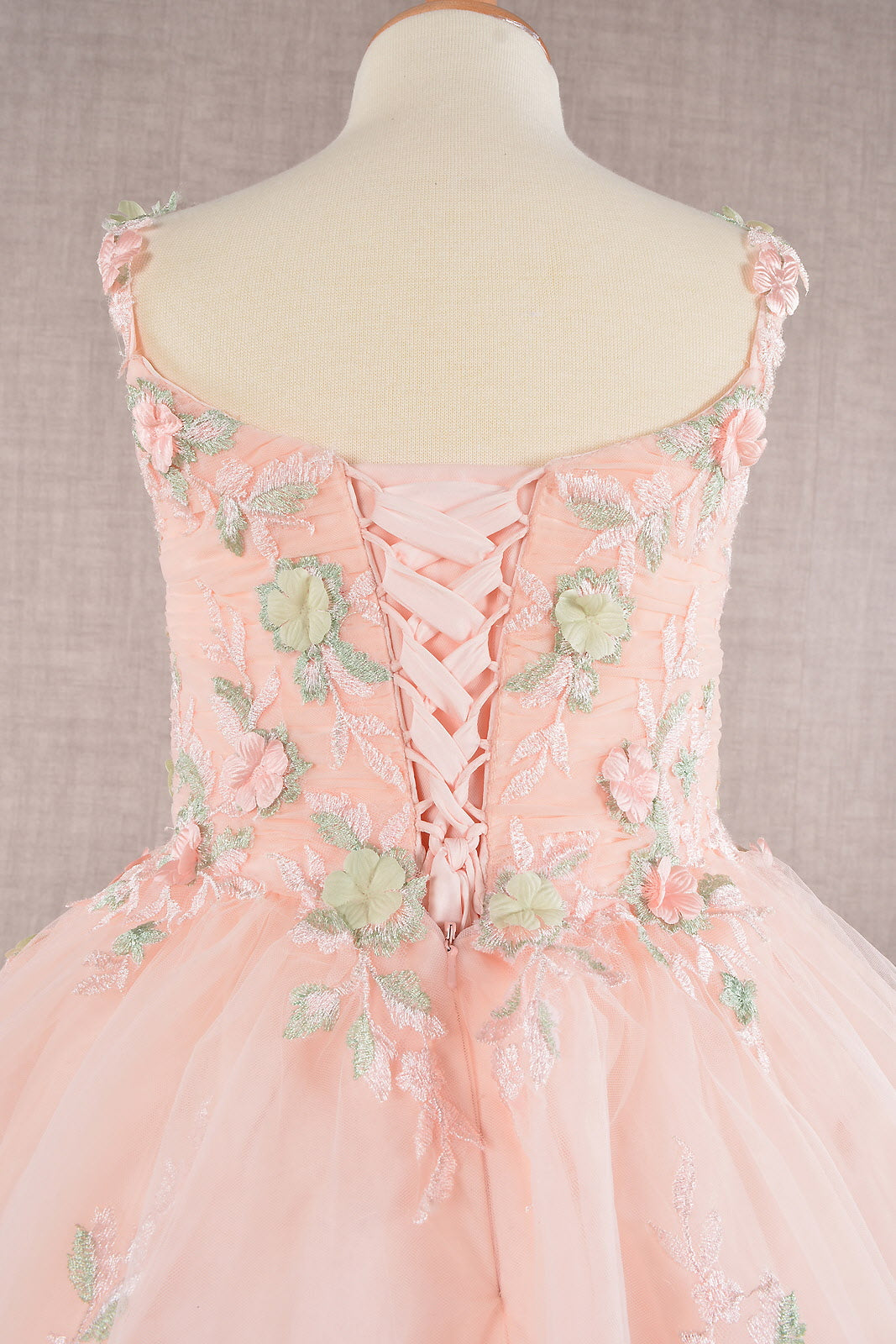 GK109 Floral Embroidery Embellished Ruched Bodice Mesh Kids Dress with Lace-up Back-3