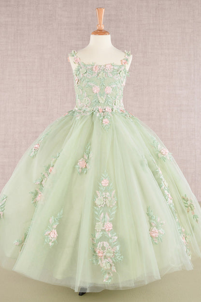 GK109 Floral Embroidery Embellished Ruched Bodice Mesh Kids Dress with Lace-up Back-4