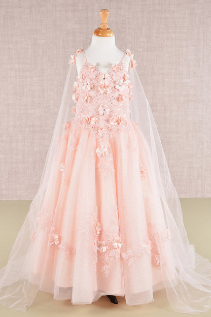 Floral Applique Glitter Mesh Kids Dress with Detachable Side Mesh Drape-0