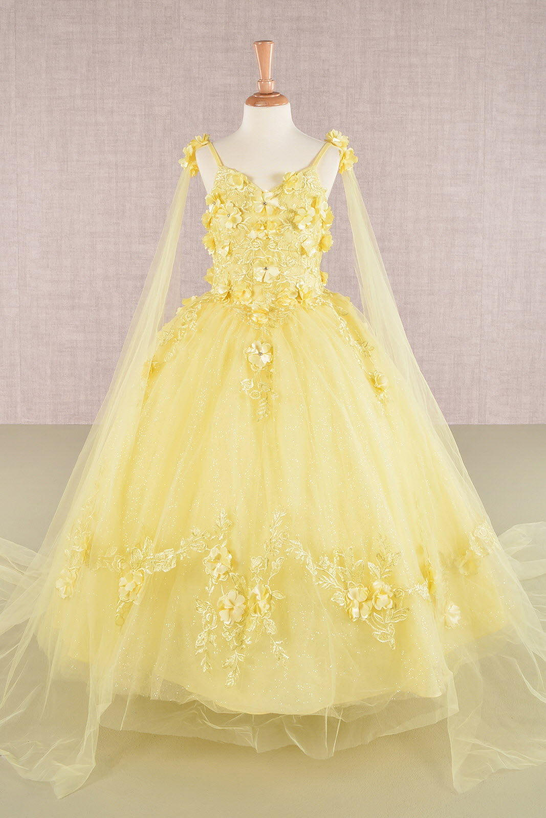 Floral Applique Glitter Mesh Kids Dress with Detachable Side Mesh Drape-4