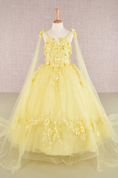 Floral Applique Glitter Mesh Kids Dress with Detachable Side Mesh Drape-4