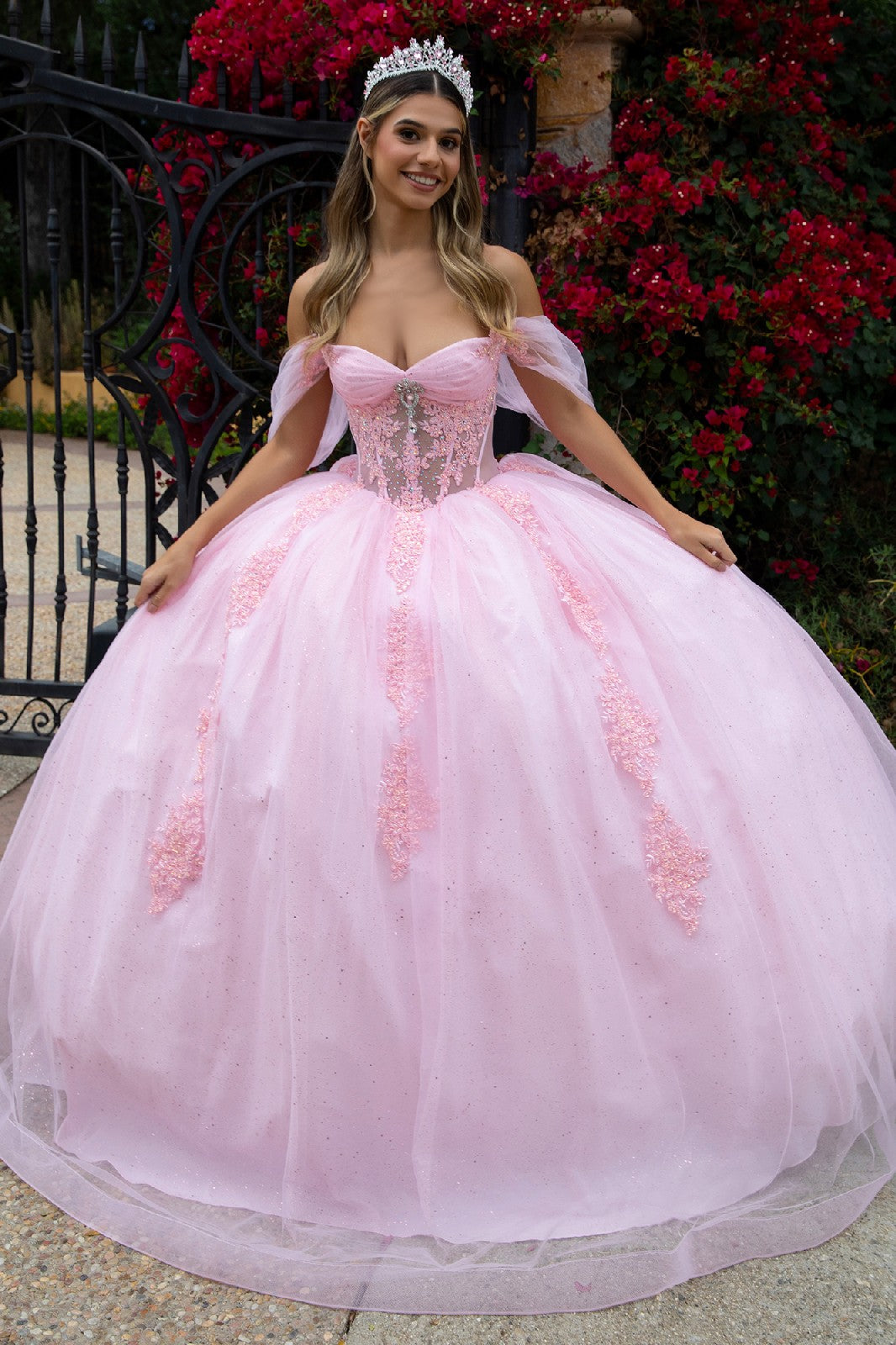 Sheer Bodice Lace Embellished Glittet Mesh Sweetheart Quinceanera Dress-1