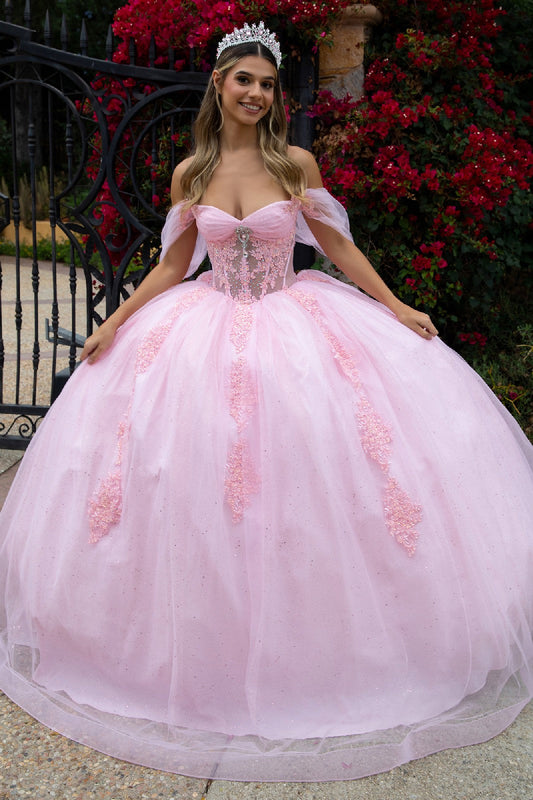 Sheer Bodice Lace Embellished Glittet Mesh Sweetheart Quinceanera Dress-1
