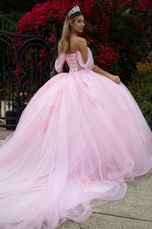 Sheer Bodice Lace Embellished Glittet Mesh Sweetheart Quinceanera Dress-2