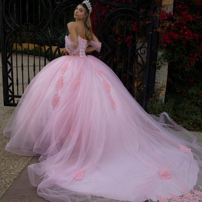Sheer Bodice Lace Embellished Glittet Mesh Sweetheart Quinceanera Dress-3