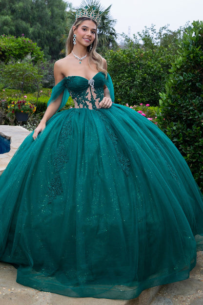 Sheer Bodice Lace Embellished Glittet Mesh Sweetheart Quinceanera Dress-6
