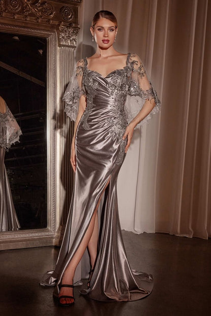 Stretch Satin Fitted Dress & Removable Lace Caplet-8