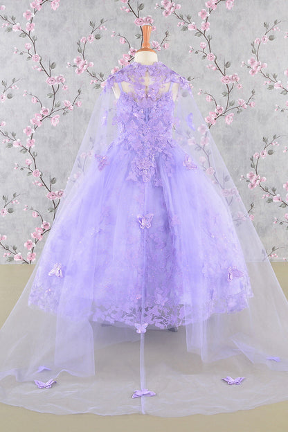 3-D Butterfly Sequin Mesh Kids Dress w/ Detachable Long Mesh Cape-1