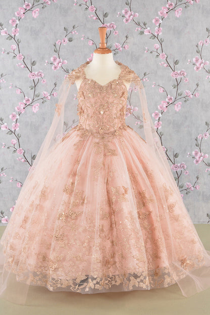 3-D Butterfly Sequin Mesh Kids Dress w/ Detachable Long Mesh Cape-5