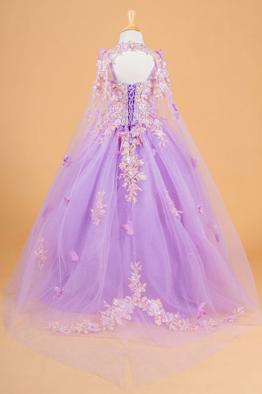 3D Flower and Butterfly Applique Embellished Spaghetti Strap Kids Dress With Matching Tunic-1