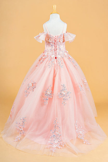 3D Flower Applique Sequins Embroidery Lace-Up Back Corset V-Neck Cold Shoulder Kids Dress-1