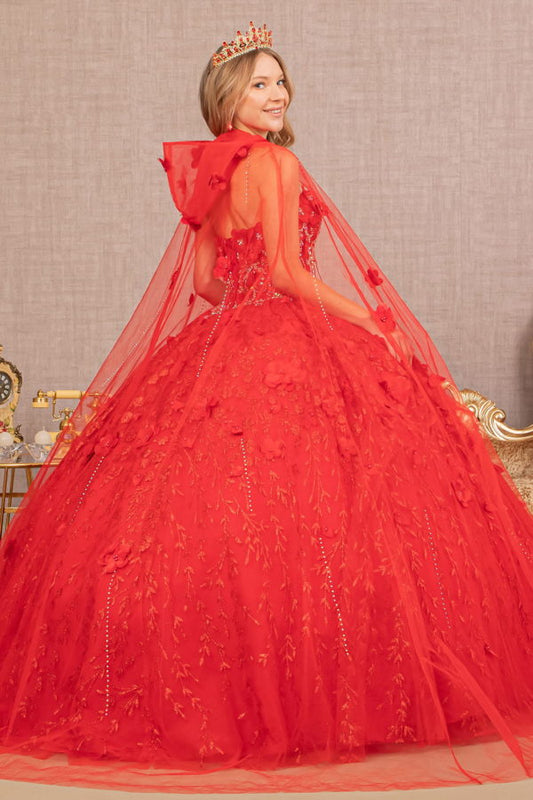 Sweetheart Neckline Beads and Jewel Embellished Bodice Quinceanera Dress w/ Mesh Cape-1