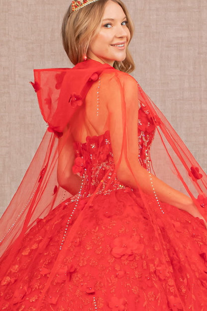 Sweetheart Neckline Beads and Jewel Embellished Bodice Quinceanera Dress w/ Mesh Cape-3