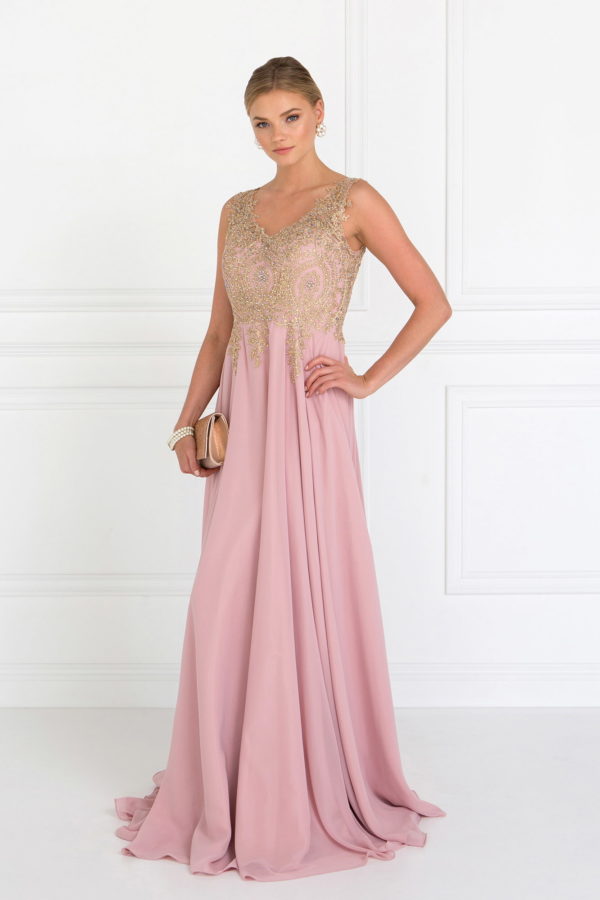 V-Neck Embroidered Chiffon Long Dress-9