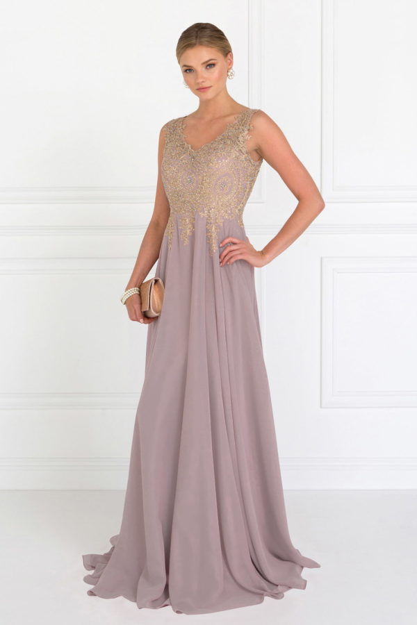 V-Neck Embroidered Chiffon Long Dress-11