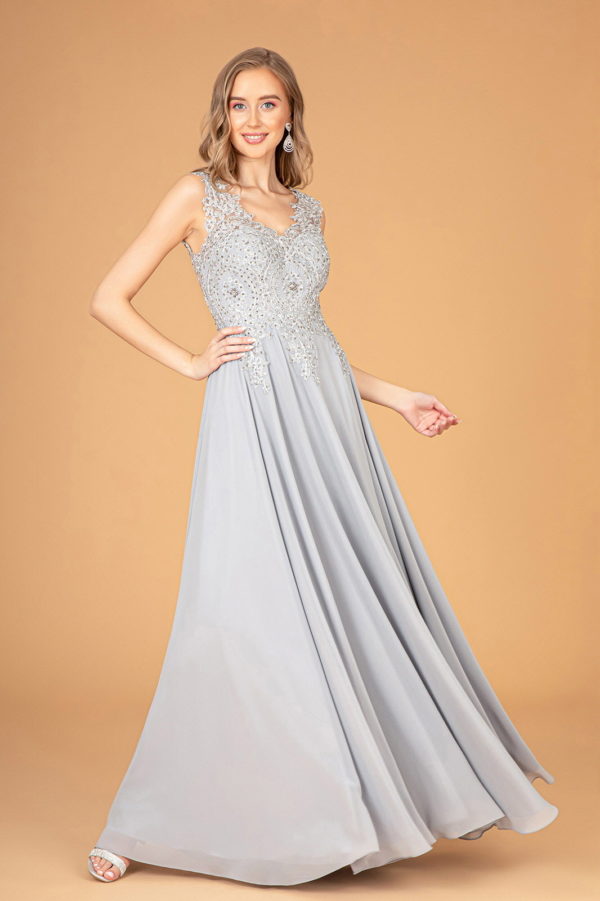 V-Neck Embroidered Chiffon Long Dress-10
